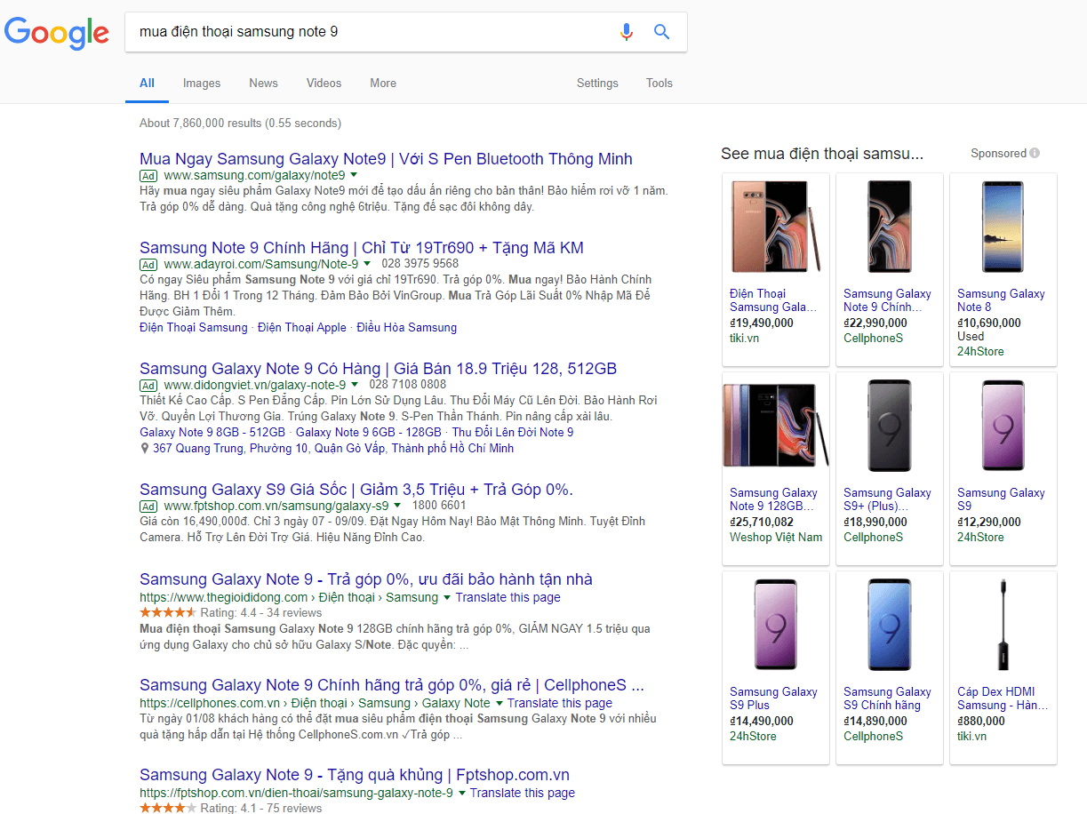Hiển thị quảng cáo Google Shopping trên PC dạng thanh dọc